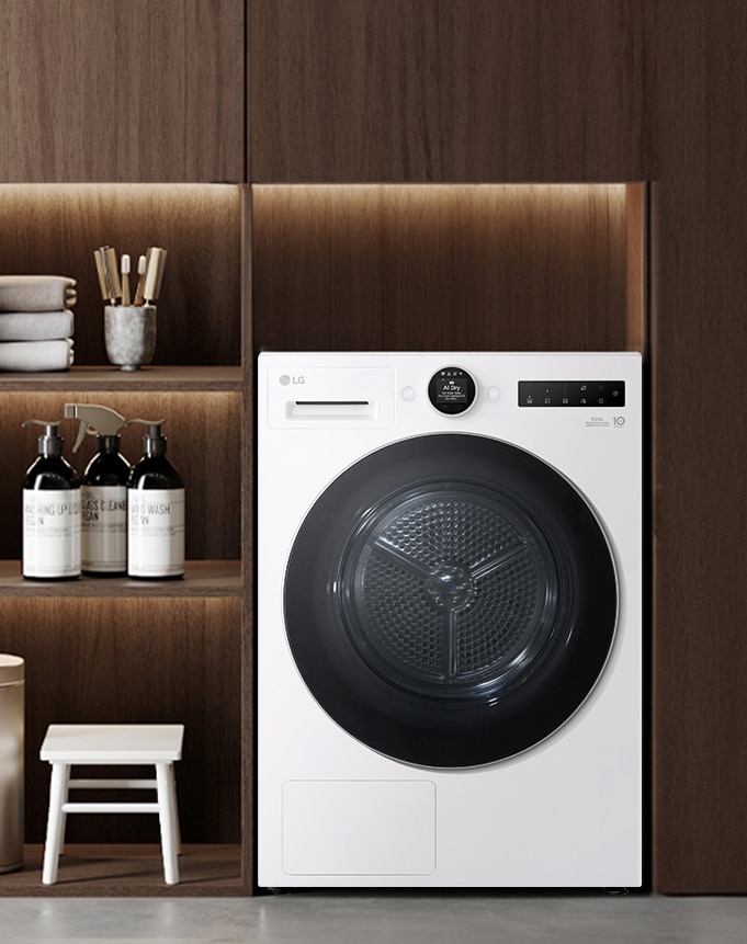 起居室内的 LG 烘干机。