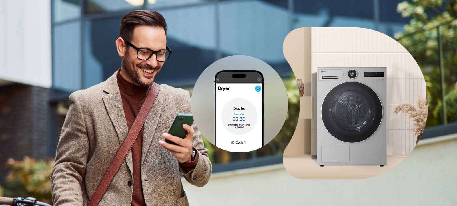 一位男士通过 ThinQ 应用程序远程控制 LG 烘干机。