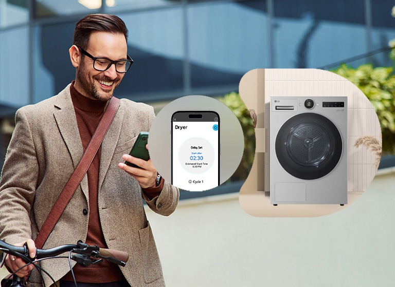 一位男士通过 ThinQ 应用程序远程控制 LG 烘干机。