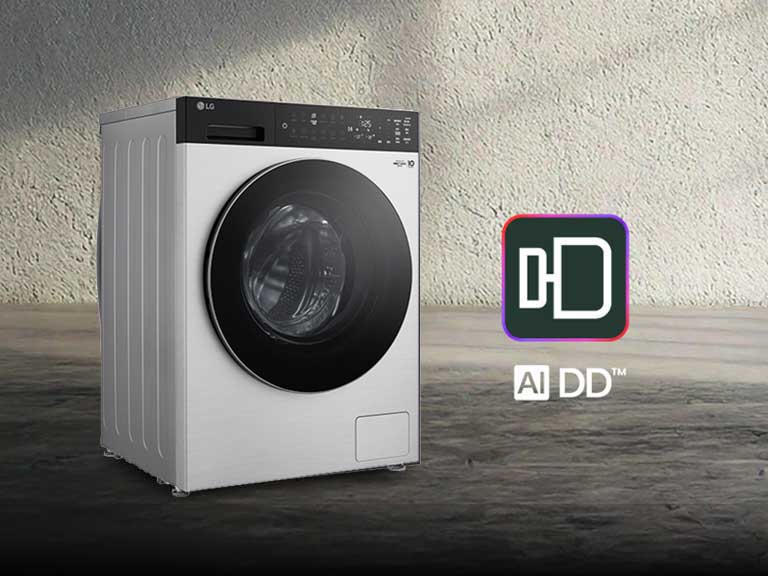 配有 LG AI DD 标识的 LG 洗衣机