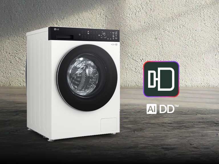 配有 LG AI DD 标识的 LG 洗衣机