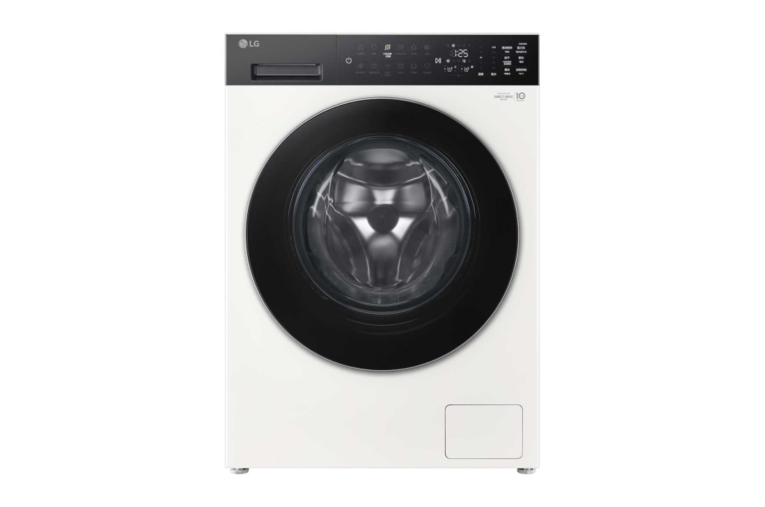 LG人工智能·觅境洗衣机 <br>极简超薄360°速净喷淋  12Kg 晨露白, 13 公斤滚筒洗衣机白色 - AI DD、自动分配、Microplastic Care ({Sales Model Code})正面视图, FF12CK2E