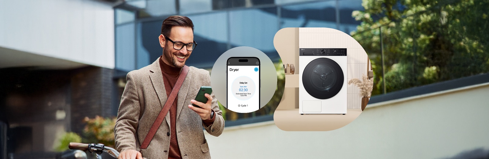  LG ThinQ™ 应用程序可让您轻松互联干衣机，只需一按，便能启动烘干任务