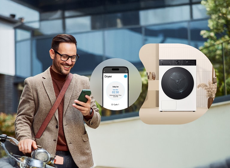  LG ThinQ™ 应用程序可让您轻松互联干衣机，只需一按，便能启动烘干任务