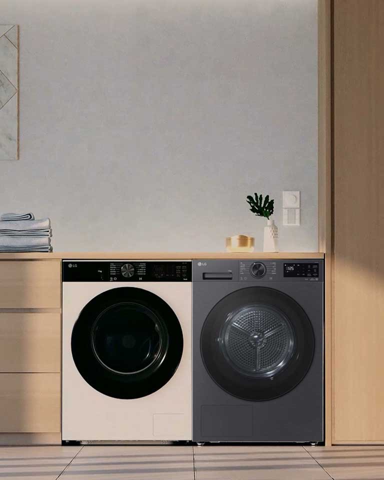 A video showing close-up details of the LG dryer, including the drum interior and display panel