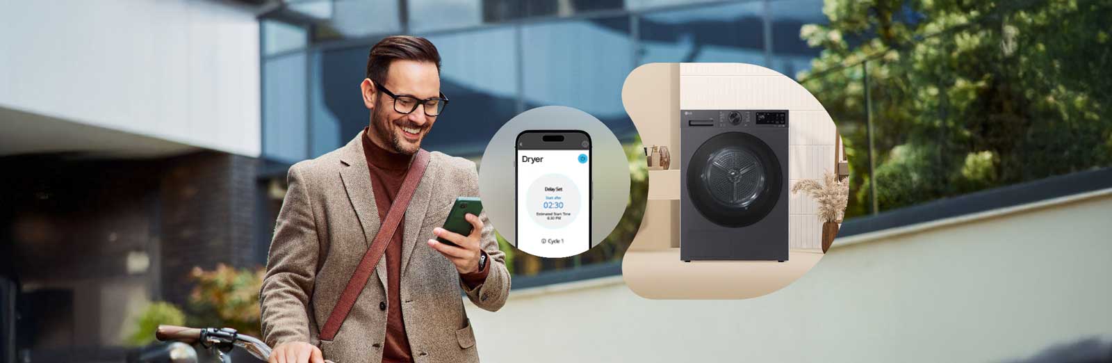  LG ThinQ™ 应用程序可让您轻松互联干衣机，只需一按，便能启动烘干任务