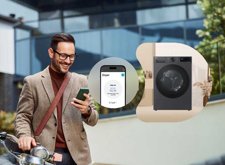  LG ThinQ™ 应用程序可让您轻松互联干衣机，只需一按，便能启动烘干任务