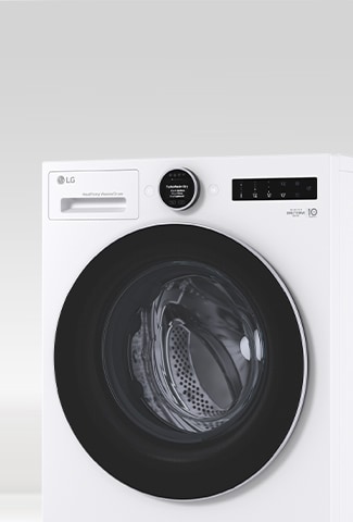LG 白色前开式洗烘一体机 (F4X9EUP25M) 从略微侧面的角度展示。