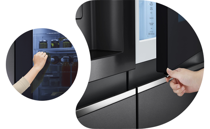 用手敲击 LG InstaView 门，露出内部物品。