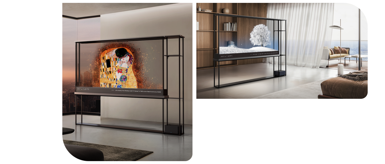 LG OLED T的屏幕点亮了，显示了画面，像隔断一样将空间分隔开来，而不会破坏外面的景色。