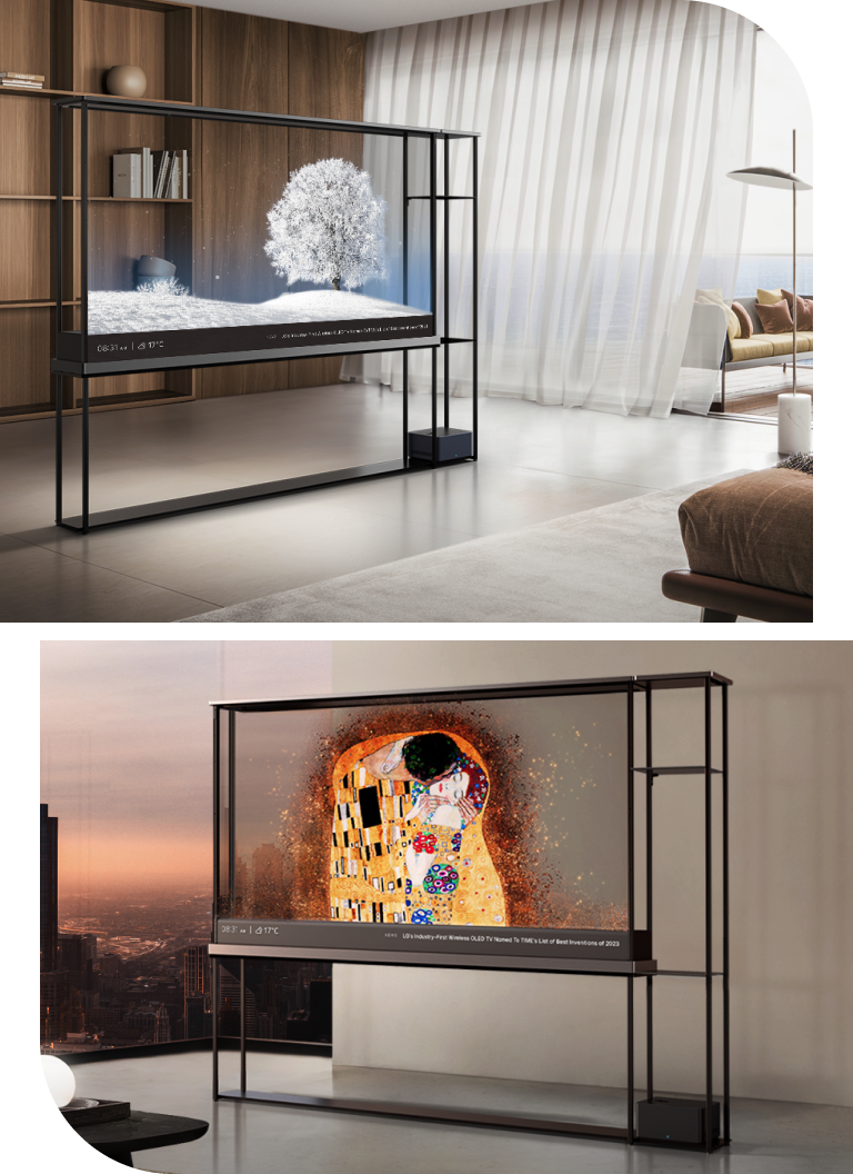 LG OLED T的屏幕点亮了，显示了画面，像隔断一样将空间分隔开来，而不会破坏外面的景色。
