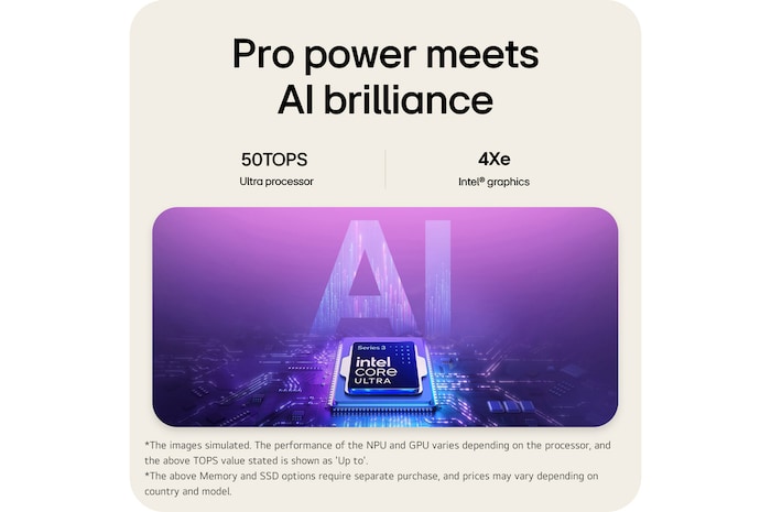 'The image features an Intel® Core™ Ultra processor set against a blue-to-purple gradient background, with large semi-transparent “AI” text layered behind the chipset.
