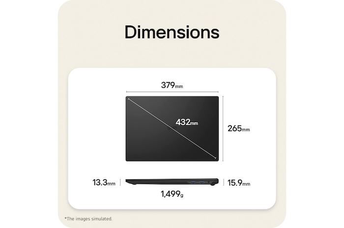 This image shows a dimensions diagram of the LG gram laptop, indicating the top view width and height, a diagonal size, and the side view showing thickness and weight.