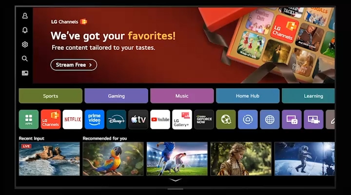 Der Startbildschirm von LG Channels zeigt verschiedene Kategorien auf einem LG TV an, darunter „Sport“, „Gaming“, „Musik“, „Home Hub“ und „Lernen“, zusammen mit Bereichen für empfohlene Inhalte für Zuschauer.