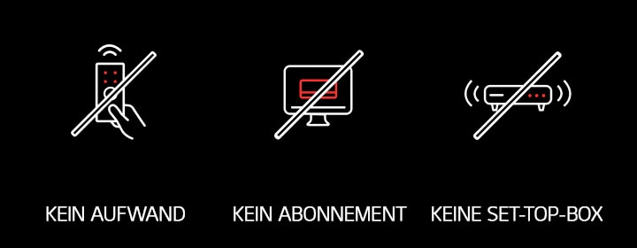 Das Bild zeigt drei Symbole auf schwarzem Hintergrund: eine durchgestrichene Fernbedienung mit der Aufschrift „KEIN AUFWAND“, einen durchgestrichenen Computer mit der Aufschrift „KEIN ABONNEMENT“ und eine durchgestrichene Set-Top-Box mit der Aufschrift „KEINE SET-TOP-BOX“.