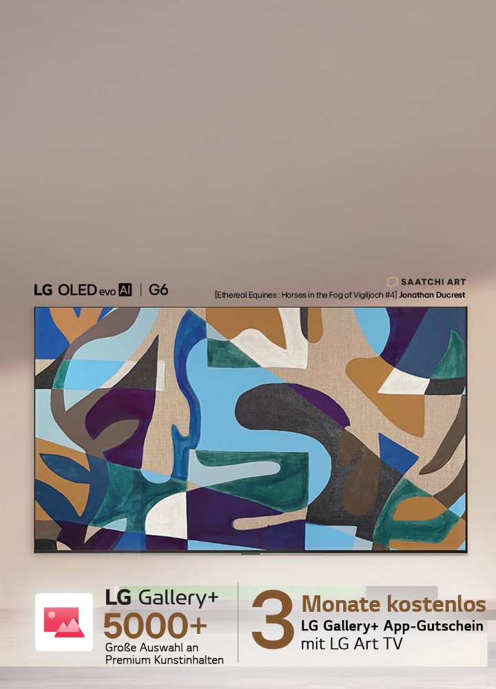 LG TV zeigt abstrakte geometrische Kunstwerke von LG Gallery+ auf dem Bildschirm vor einem modernen Interieur und hebt hervor, dass ein 3-monatiger kostenloser LG Gallery+ Gutschein Zugang zu über 5.000 Premium Kunstwerken ermöglicht.