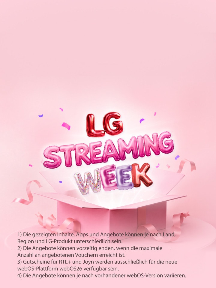 Ein farbenfroher Schriftzug im Ballon-Stil mit der Aufschrift „LG Streaming Week" ragt aus einer offenen, rosafarbenen Geschenkbox empor, umgeben von Bändern und Konfetti vor einem zartrosa Hintergrund.
