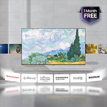 Das LG Gallery TV AI mit Rahmen LX7 ART TV mit LG Gallery+ präsentiert eine kuratierte Auswahl an Kunstwerken, darunter Vincent van Goghs „Weizenfeld mit Zypressen“, zusammen mit Hinweisen auf Partnermuseen und einem sichtbaren Angebot für einen kostenlosen Probemonat.