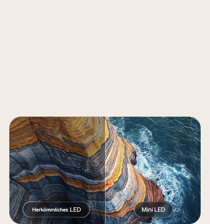 Ein LG Gallery TV AI mit Rahmen LX7 ART TV Mini LED verdeutlicht anhand einer geteilten Küstenklippenszene, wie „Mini LED“ schärfere Felsstrukturen und klarere Meeresdetails als herkömmliche LEDs hervorbringt und tieferes Schwarz sowie verfeinerte Kontraste mit mehr Klarheit und Tiefe erzeugt.