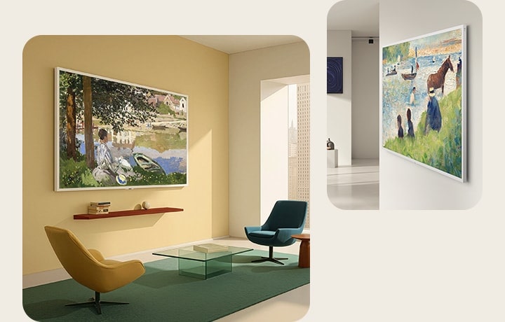 Das LG Gallery TV Al mit Rahmen LX7 ART TV mit Slim & Seamless Wall Mount sitzt bündig an gelben und weißen Wänden in zwei Innenräumen, beide sind mit einem „Snow White“-Rahmen gestaltet und zeigen klassische Gemälde mit einem gerahmten Look.