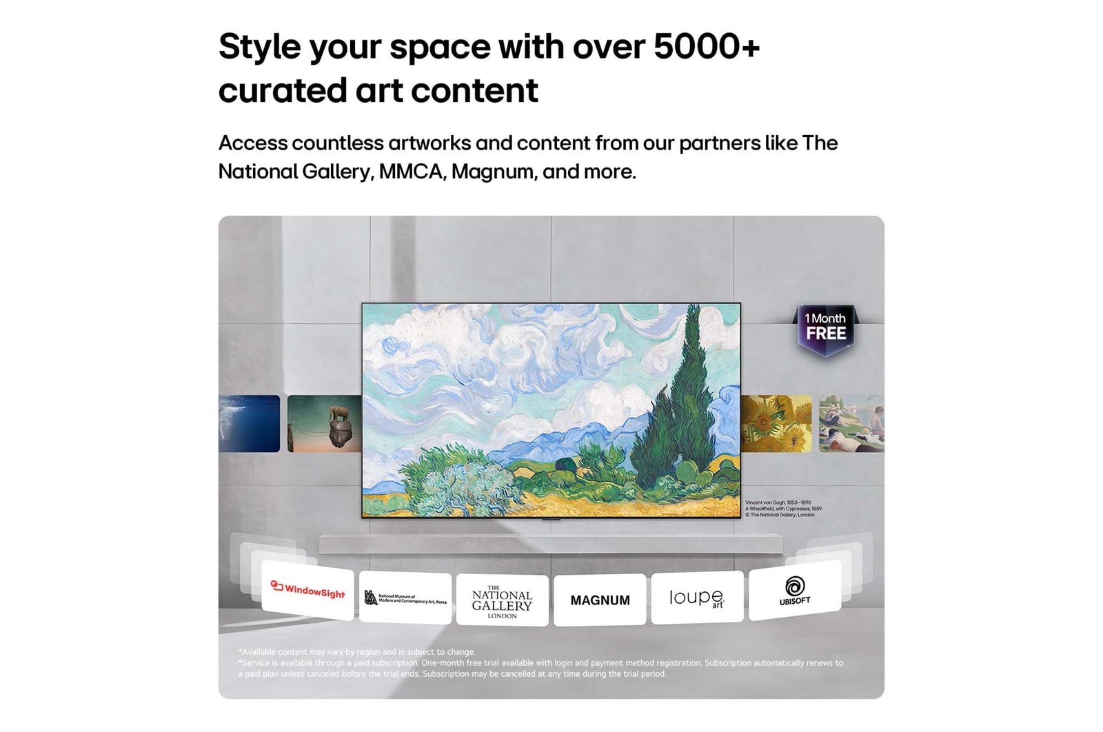 Das LG Gallery TV AI mit Rahmen LX7 ART TV mit LG Gallery+ zeigt eine kuratierte Auswahl an Kunstwerken, darunter Vincent van Goghs „Weizenfeld mit Zypressen“, zusammen mit Hinweisen auf Partnermuseen und einem sichtbaren Angebot für einen kostenlosen Probemonat.