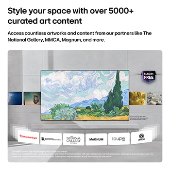 Das LG Gallery TV AI mit Rahmen LX7 ART TV mit LG Gallery+ zeigt eine kuratierte Auswahl an Kunstwerken, darunter Vincent van Goghs „Weizenfeld mit Zypressen“, zusammen mit Hinweisen auf Partnermuseen und einem sichtbaren Angebot für einen kostenlosen Probemonat.