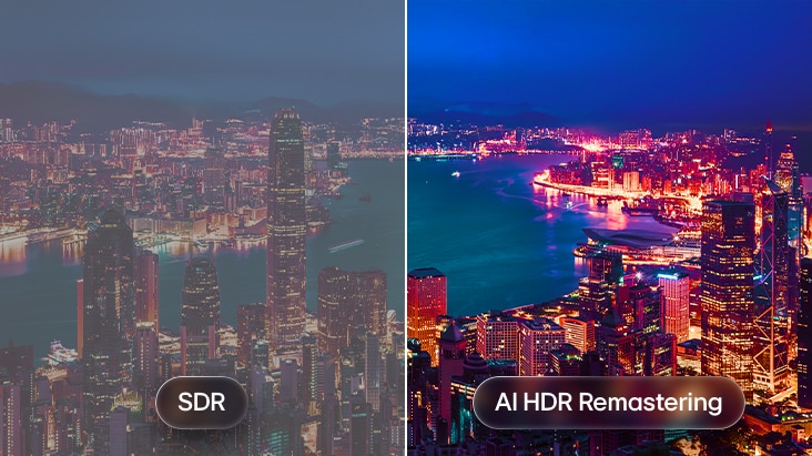 Der LG Micro RGB evo AI MRGB96 mit AI HDR Remastering wird in einem geteilten Stadtbildvergleich gezeigt, wobei links SDR und rechts AI HDR Remastering zu sehen sind. Dabei werden hellere Stadtlichter, ein tieferer Kontrast und lebendigere Details in der gesamten Szene dargestellt. 