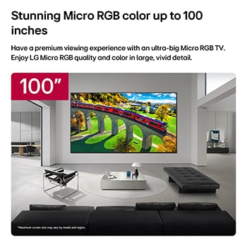Das LG Micro RGB evo AI MRGB95 mit bis zu 100 Zoll ist in einem geräumigen modernen Wohnzimmer an der Wand montiert. Eine lebendige, farbenfrohe Landschaft betont satte Farben und feine Details und hebt das Interieur auf eine neue Ebene. 