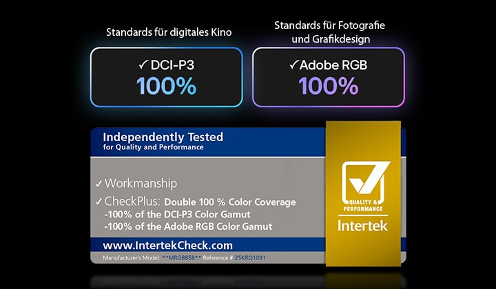 Das LG Mini RGB evo AI MRGB85 mit RGB Primary Color Pro bietet 100 % Farbabdeckung von DCI-P3 und Adobe RGB, zertifiziert von Intertek.