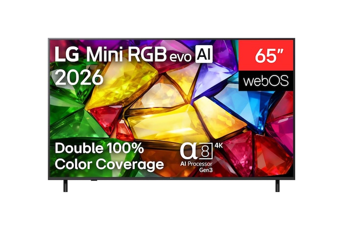 The front view of LG Mini RGB evo AI MRGB87, released in 2026, displays a crystalline image of sharply defined multicolored facets, featuring an 65-inch display, webOS, RGB Primary Color Pro, and the alpha 8 AI Processor 4K Gen3.