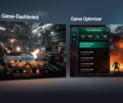 Das LG NANO 4K UHD AI NU85 mit Game Dashboard und Optimizer zeigt nebeneinander liegende Game-Bildschirme und ein Bildschirmmenü zur Anpassung von Gameplay-Einstellungen wie Bildwiederholrate, Latenz und visuelle Modi in Echtzeit.