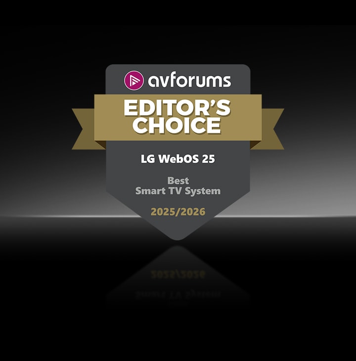 Das Emblem „AVForums Editor’s Choice“ wird auf dunklem Hintergrund für das LG webOS 25 gezeigt, das als bestes Smart-TV-System 2025/2026 ausgezeichnet wurde.