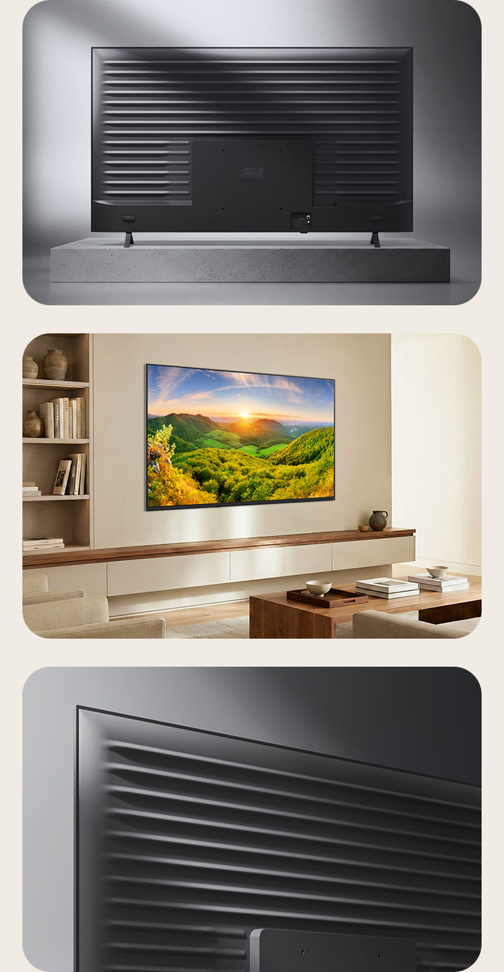 Das LG NANO 4K UHD AI NU85 mit Linear Flow Design wird in einer Mehrwinkelansicht präsentiert, wobei oben die Rückseite, unten links eine an der Wand montierte Wohnzimmerszene und unten rechts eine Nahaufnahme der geriffelten Metallrückseite zu sehen ist.