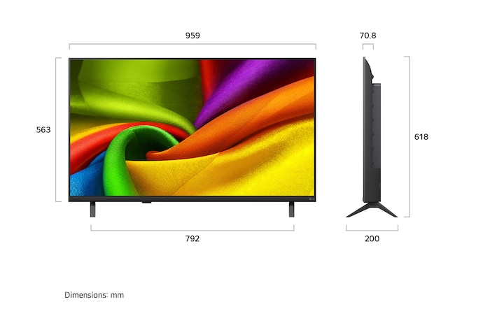 Das LG NANO 4K UHD AI NU85, gezeigt in Vorder- und Seitenansicht, verfügt über ein 43-Zoll-Display mit einer Bildschirmbreite von 959 mm, einer Bildschirmhöhe von 563 mm, einer Höhe von 618 mm mit Standfuß, einer Profiltiefe von 70,8 mm und einer Standfläche von 792 x 200 mm.