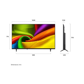 Das LG NANO 4K UHD AI NU85, gezeigt in Vorder- und Seitenansicht, verfügt über ein 55-Zoll-Display mit einer Bildschirmbreite von 1228 mm, einer Bildschirmhöhe von 715 mm, einer Höhe von 776 mm mit Standfuß, einer Profiltiefe von 70,8 mm und einer Standfläche von 989 x 230 mm.