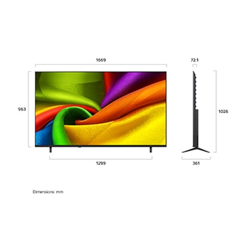 Das LG NANO 4K UHD AI NU85, gezeigt in Vorder- und Seitenansicht, verfügt über ein 75-Zoll-Display mit einer Bildschirmbreite von 1669 mm, einer Bildschirmhöhe von 963 mm, einer Höhe von 1026 mm mit Standfuß, einer Profiltiefe von 72,1 mm und einer Standfläche von 1299 x 361 mm.