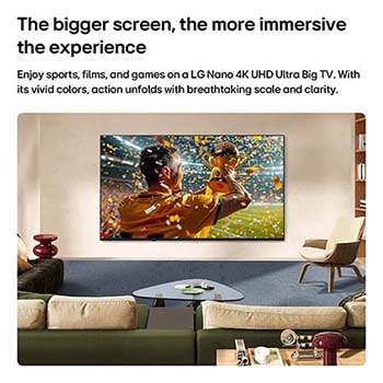 Das LG NANO 4K UHD AI NU85 Ultra Big TV ist in einem Wohnbereich an der Wand montiert und zeigt eine Sport-Siegeszene mit Konfetti und einer Trophäe, wobei lebendige Farben, klare Details und ein immersives Gefühl für Größenverhältnisse hervorgehoben werden.