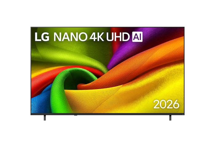 Die Vorderansicht des LG NANO 4K UHD AI NU85, das 2026 auf den Markt kam, füllt den Bildschirm mit reich strukturierten, stoffähnlichen Farbschichten, wobei sich lebendige, mehrfarbige Falten nahtlos über das Display ziehen.