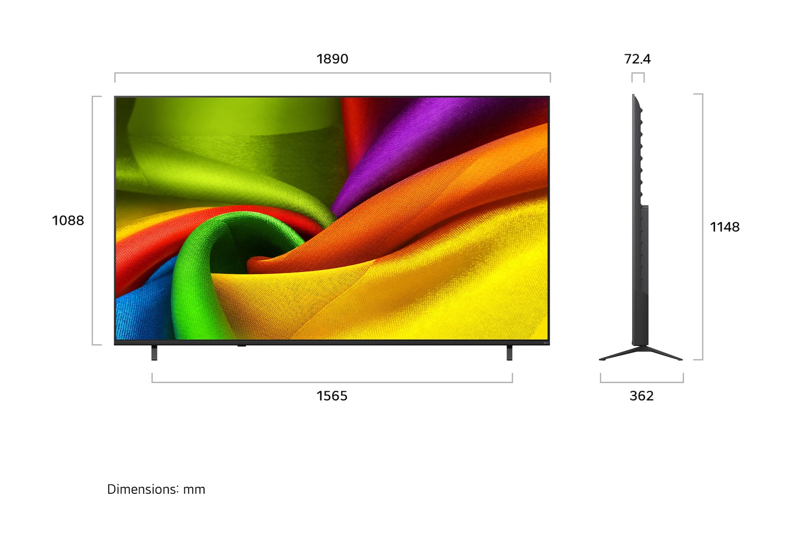 Das LG NANO 4K UHD AI NU85, gezeigt in Vorder- und Seitenansicht, verfügt über ein 85-Zoll-Display mit einer Bildschirmbreite von 1890 mm, einer Bildschirmhöhe von 1088 mm, einer Höhe von 1148 mm mit Standfuß, einer Profiltiefe von 72,4 mm und einer Standfläche von 1565 x 362 mm.