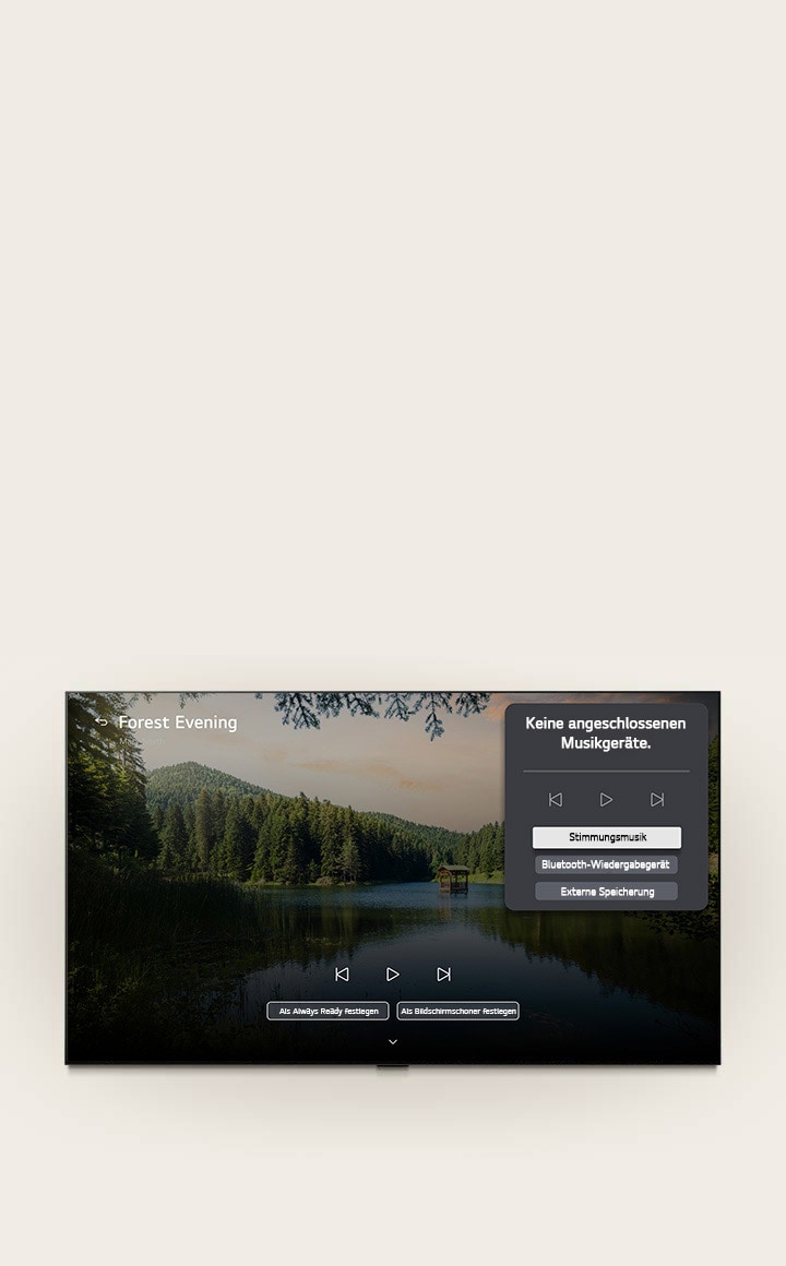 Die LG Gallery+ von LG OLED evo AI C6 mit BGM und Music Lounge zeigt die Waldseeszene „Forest Evening“ mit einem sichtbaren Music Lounge UI-Panel für Stimmungsmusik, Bluetooth-Wiedergabe und Steuerelemente. 