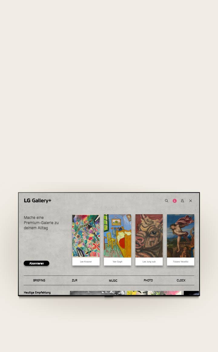 Das LG OLED evo AI C6 zeigt die graue Benutzeroberfläche der LG Gallery+ mit einem Menü zur Auswahl von Musik und Themen an. Es ermöglicht die Auswahl von Präferenzen, die Erstellung eines eigenen Albums und die Anzeige kuratierter Kunstwerke. 