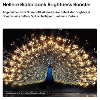 Das LG OLED evo AI C6 mit Brightness Booster zeigt eine dunkle Szene, in der ein prächtig beleuchteter Pfau sein strahlendes, leuchtendes Gefieder entfaltet, und liefert hellere Highlights mit verbesserten Details und beeindruckendem Kontrast.