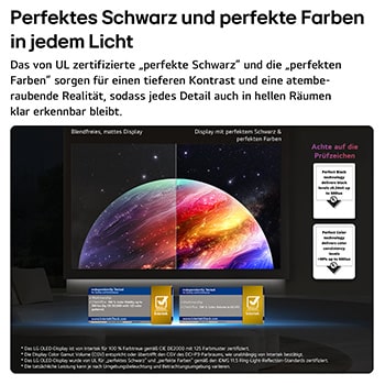 Das LG OLED evo AI C6 zeigt einen geteilten Bildschirm mit Planeten und Sternen und einer Gegenüberstellung eines matten Displays mit Anti-glare und der Anzeige mit perfektem Schwarz und perfekten Farben, die bei jedem Licht eine klarere Bildqualität bietet. Unterstützt wird sie durch UL-Zertifizierung und Intertek-Zertifizierungen für Farbvolumen und Farbtreue.
