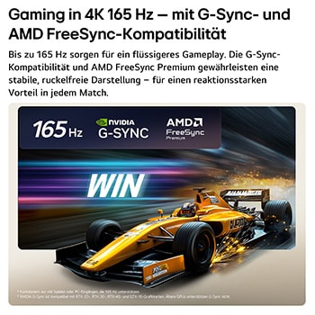 Das LG OLED evo AI C6 für unschlagbares Gameplay in 4K 165 Hz zeigt ein High-Speed-Rennspiel mit einem gelben offenen Auto in Bewegung, fettem „WIN“-Text auf dem Bildschirm und NVIDIA G-SYNC- und AMD FreeSync™ Premium-Logos oben.