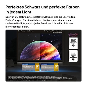 Das LG OLED evo AI C6 zeigt einen geteilten Bildschirm mit Planeten und Sternen und einer Gegenüberstellung eines matten Displays mit Anti-glare und der Anzeige mit perfektem Schwarz und perfekten Farben, die bei jedem Licht eine klarere Bildqualität bietet. Unterstützt wird sie durch UL-Zertifizierung und Intertek-Zertifizierungen für Farbvolumen und Farbtreue.