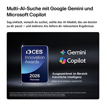 Das Emblem „CES Innovation Awards Honoree 2026“ in der Kategorie „Künstliche Intelligenz“ würdigt Multi AI Search mit Google Gemini und Microsoft Copilot.