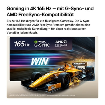 Das LG OLED evo AI C6 für unschlagbares Gameplay in 4K 165 Hz zeigt ein High-Speed-Rennspiel mit einem gelben offenen Auto in Bewegung, fettem „WIN“-Text auf dem Bildschirm und NVIDIA G-SYNC- und AMD FreeSync™ Premium-Logos oben.
