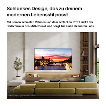 Das LG OLED evo AI C6, wandmontiert in einem stilvollen Wohnraum, bietet ein ultraschlankes Design mit schmalen Rändern. Auf dem Bildschirm ist eine Stadtlandschaft am Fluss bei Sonnenuntergang zu sehen. 