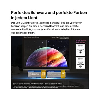 Das LG OLED evo AI C6 zeigt einen geteilten Bildschirm mit Planeten und Sternen und einer Gegenüberstellung eines matten Displays mit Anti-glare und der Anzeige mit perfektem Schwarz und perfekten Farben, die bei jedem Licht eine klarere Bildqualität bietet. Unterstützt wird sie durch UL-Zertifizierung und Intertek-Zertifizierungen für Farbvolumen und Farbtreue.