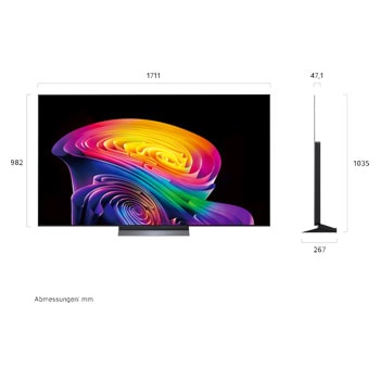 Das LG OLED evo AI C6, gezeigt in Vorder- und Seitenansicht, verfügt über ein 77-Zoll-Display mit einer Bildschirmbreite von 1711 mm, einer Gesamthöhe von 982 mm und einer ultraschlanken Tiefe von 47,1 mm ohne Standfuß.